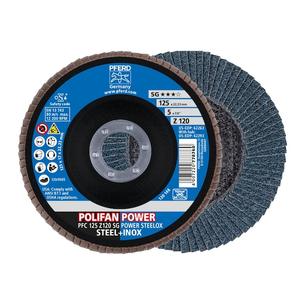 Pferd 5" x 7/8" A.H. POLIFAN Flap Disc - Z SG POWER STEELOX, Zirconia, 120 Grit, Conical 62263 - main
